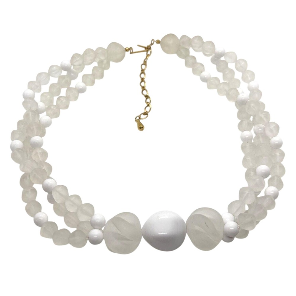 Vintage Style Frosted Clear White Plastic Beaded‎ 2 Strand Tiered 20'' Necklace